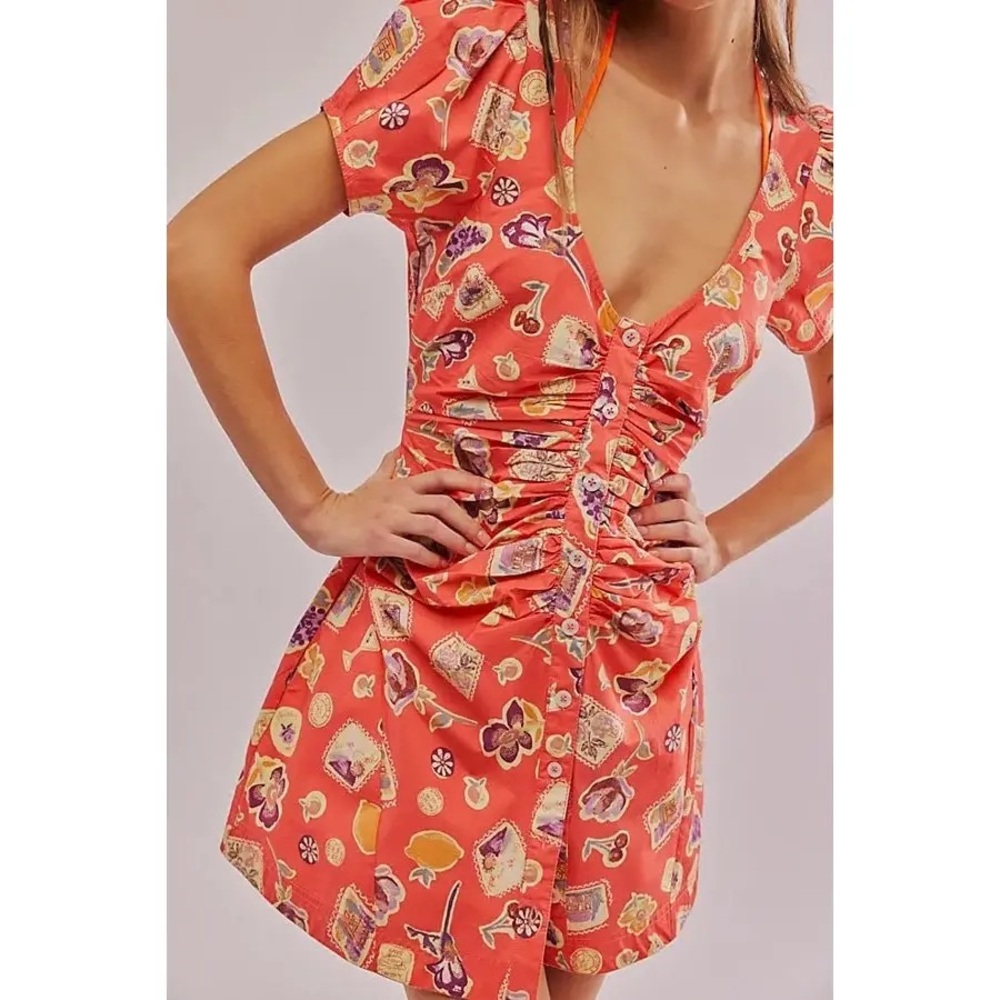 Free People Oakley Mini Dress Pink Combo Ruched Boho Size M NWT